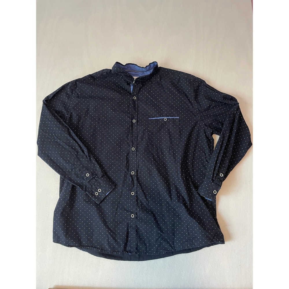 Craft + Flow Mens 2XL Navy Blue Micro Heart Print Band Collar Button Down‎ Shirt
